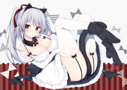 Rule 34 | 1girl, animal ears, apron, ass, bare shoulders, black footwear, boots, breasts, cat tail, cleavage, detached collar, dress, elbow gloves, closed eyes, fake animal ears, garter straps, gloves, grey hair, hair ribbon, hairband, highres, large breasts, legs up, long hair, looking at viewer, miko (royal milk), original, raco (miko 92), reclining, red eyes, ribbon, side ponytail, sleeveless, sleeveless dress, solo, tail, tail censor, thighhighs, waist apron, white gloves, white thighhighs