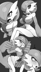 Rule 34 | 1girl, ^^^, ahegao, arched back, ass grab, bare shoulders, blush, bob cut, breasts, collarbone, creatures (company), crossed legs, dress, drooling, embarrassed, fang, female focus, from side, game freak, gardevoir, gen 3 pokemon, grey background, greyscale, groping, hair over one eye, hands up, happy, highres, holding another&#039;s arm, large breasts, leaning forward, legs, looking to the side, looking up, medium breasts, mini person, minigirl, monochrome, multiple views, nago purin, nervous, nintendo, off-shoulder dress, off shoulder, one eye covered, open mouth, pokemon, pokemon (creature), restrained, rolling eyes, saliva, shiny skin, short hair, simple background, sitting, skindentation, smile, standing, sweat, tears, thighs, tongue, tongue out