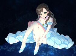 Rule 34 | 1girl, bare shoulders, black background, blue dress, bracelet, breasts, brown hair, cleavage, closed mouth, collarbone, dot nose, dress, earrings, etou misaki (idolmaster), glass slipper, green brooch, green eyes, hand on own knee, highres, idolmaster, idolmaster cinderella girls, idolmaster cinderella girls starlight stage, jewelry, knees up, long hair, looking down, medium breasts, necklace, off-shoulder dress, off shoulder, pearl bracelet, pearl necklace, simple background, sitting, smile, solo, sparkle, sukoyaka (100hituzi), thigh strap