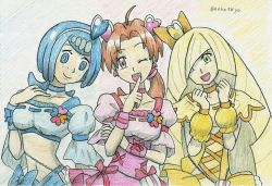 Rule 34 | 3girls, blonde hair, blue eyes, blue hair, brown eyes, brown hair, colored pencil (medium), cosplay, creatures (company), cure berry, cure berry (cosplay), cure peach, cure peach (cosplay), cure pine, cure pine (cosplay), delia ketchum, fresh precure!, game freak, graphite (medium), green eyes, lana&#039;s mother (pokemon), lusamine (pokemon), mature female, multiple girls, nintendo, pokemon, pokemon (anime), pokemon sm (anime), precure, traditional media