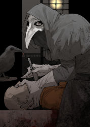Rule 34 | bad id, bad twitter id, bird, capelet, commentary request, commission, corpse, crow, from side, gloves, grey capelet, grey eyes, highres, holding, hood, hood up, kankan33333, leaning forward, looking at viewer, plague doctor, plague doctor mask, scalpel, scp-049, scp foundation, skeb commission, white gloves