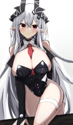 Rule 34 | 1girl, absurdres, arknights, arm behind back, bare shoulders, barefoot, between breasts, black choker, black leotard, breasts, bridal gauntlets, choker, cleavage, closed mouth, grey hair, highres, horns, large breasts, leg up, leotard, long hair, looking at viewer, mudrock (arknights), necktie, necktie between breasts, playboy bunny, pointy ears, red eyes, red necktie, simple background, solo, strapless, strapless leotard, thigh strap, touko (toko12 tooko), very long hair, white background