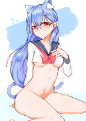 Rule 34 | 1girl, absurdres, animal ear fluff, animal ears, black-framed eyewear, blue background, blue hair, blue sailor collar, blush, bottomless, bow, bowtie, breasts, cat ears, cat girl, cat tail, choumi wuti (xueye fanmang zhong), closed mouth, collarbone, commentary, crop top, crop top overhang, glasses, groin, hair between eyes, hair ornament, hairclip, hand up, heart, heart hair ornament, highres, long hair, long sleeves, looking at viewer, medium breasts, navel, paw print, paw print background, plivyou, red bow, red bowtie, red eyes, sailor collar, shikai yue, shirt, sitting, solo, tail, twitter username, two-tone background, underboob, very long hair, virtual youtuber, wariza, white background, white shirt