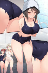 Rule 34 | 3girls, aki (girls und panzer), arms under breasts, ass, bare legs, black one-piece swimsuit, blonde hair, blue eyes, blush, bodypaint, breasts, brown eyes, brown hair, cleavage, closed mouth, collarbone, commentary request, covered erect nipples, covered navel, embarrassed, finnish flag, girls und panzer, hair between eyes, highres, large breasts, leaning forward, looking at viewer, medium breasts, medium hair, mika (girls und panzer), mikko (girls und panzer), multiple girls, multiple views, nakamura yukitoshi, old school swimsuit, one-piece swimsuit, open mouth, painted clothes, pool, pool ladder, poolside, school swimsuit, short hair, sidelocks, swimsuit, thighs, tulip hat