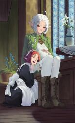 Rule 34 | 2girls, ahoge, aisha greyrat, apron, aqwariate, big belly, black dress, boots, brown footwear, chair, closed eyes, closed mouth, cross-laced footwear, dress, elf, flower, flower pot, green sweater, hand on another&#039;s head, hand on own stomach, happy, highres, indoors, lace-up boots, light blush, long pointy ears, long sleeves, maid, maid apron, multiple girls, mushoku tensei, on chair, open mouth, plant, pointy ears, potted plant, pregnant, red eyes, red hair, short hair, sitting, smile, squatting, sweater, sylphiette (mushoku tensei), teeth, thighhighs, thighhighs under boots, upper teeth only, vase, waist ribbon, white apron, white dress, white flower, white hair, white headdress, white thighhighs, window, wooden floor