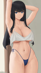 Rule 34 | 1girl, absurdres, armpits, arms up, bare shoulders, black hair, blue eyes, blue panties, blunt bangs, blunt ends, blush, breasts, camisole, cleavage, closed mouth, collarbone, cowboy shot, crop top, highleg, highleg panties, highres, kill la kill, kiryuuin satsuki, large breasts, long hair, looking at viewer, navel, no pants, panties, solo, thick eyebrows, thighs, twitter username, underboob, underwear, white camisole, zaphn