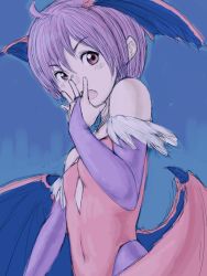 Rule 34 | 1girl, bare shoulders, blush, bridal gauntlets, capcom, covering own mouth, demon girl, detached sleeves, embarrassed, flat chest, fumio (rsqkr), hand over mouth, hand over own mouth, head wings, leotard, lilith aensland, pantyhose, pink eyes, purple hair, red leotard, short hair, solo, surprised, vampire (game), wings