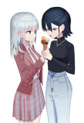 Rule 34 | 2girls, absurdres, black hair, black shirt, blazer, blue eyes, braid, chinese commentary, closed mouth, collared shirt, commentary request, cowboy shot, denim, earrings, food, hair behind ear, highres, holding, holding food, holding hands, ice cream, ice cream cone, jacket, jeans, jewelry, long hair, long sleeves, looking at another, multiple girls, necklace, necktie, orange eyes, original, pants, plaid, pleated skirt, red jacket, red necktie, red skirt, school uniform, shirt, shirt tucked in, short hair, side braid, simple background, skirt, star (symbol), star earrings, syouko jiaozijun, tongue, tongue out, white background, white hair, white shirt, yuri