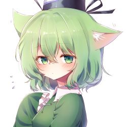 Rule 34 | 1girl, :/, animal ear fluff, animal ears, aqua eyes, black hat, blush, cat ears, closed mouth, commentary request, ear wiggle, flying sweatdrops, frilled sleeves, frills, from side, green hair, hair between eyes, hand on own chest, hat, highres, kemonomimi mode, long sleeves, looking at viewer, looking to the side, motion lines, pudding (skymint 028), short hair, simple background, sleeves past fingers, sleeves past wrists, soga no tojiko, solo, tate eboshi, touhou, upper body, white background