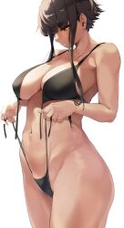 Rule 34 | 1girl, absurdres, bare arms, bare shoulders, bikini, black bikini, breasts, brown eyes, brown hair, commentary request, highres, jovejun, large breasts, looking down, navel, original, sidelocks, simple background, solo, stomach, swimsuit, thighs, tsubomioka happa, untied bikini, white background