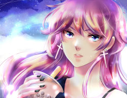 Rule 34 | 1girl, black nails, blue eyes, bubble tea, cross, cross earrings, cup, day, disposable cup, ear piercing, earrings, jewelry, long hair, looking at viewer, nail polish, outdoors, piercing, pink hair, portrait, seraphina (unordinary), solo, unordinary, urusai-baka