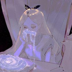 Rule 34 | 1girl, alice (alice in wonderland), alice in wonderland, apron, black hair, blonde hair, blue eyes, chair, cup, curtains, disney, drinking, eyelashes, glowing, hair ribbon, hand up, highres, holding, holding cup, light particles, liquid, long hair, looking away, lvl229, ribbon, short sleeves, simple background, solo, sparkle, table, teacup, teapot