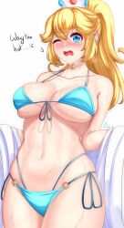 Rule 34 | 1girl, ;o, anisdrawn, bikini, blonde hair, blue bikini, blue eyes, blush, breasts, collarbone, crown, english text, high ponytail, highres, jewelry, large breasts, long hair, mario (series), navel, necklace, nintendo, one eye closed, open mouth, princess peach, simple background, solo, stomach, super mario bros. 1, sweat, swimsuit, white background