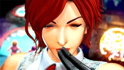 Rule 34 | 1girl, animated, blowing kiss, breasts, kiss, large breasts, lips, one eye closed, pants, red hair, short hair, sleeveless, snk, the king of fighters, the king of fighters xv, vanessa (kof), wink