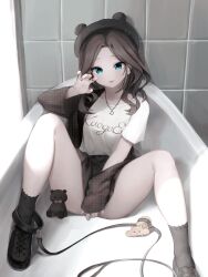 Rule 34 | 1girl, absurdres, animal collar, animal ear headwear, aqua eyes, bathroom, bathtub, between legs, black footwear, black headwear, black jacket, black skirt, black socks, blush, brown hair, checkered nails, chipmunk, claw pose, collar, commentary request, covering crotch, covering privates, cross-laced footwear, earrings, fake animal ears, foot out of frame, hand between legs, hand up, highres, hololive, in container, indoors, jacket, jewelry, knees up, long sleeves, looking at viewer, matsurisu, medium hair, multicolored nails, natsuiro matsuri, natsuiro matsuri (8th costume), necklace, nokonata, off shoulder, official alternate costume, official alternate hairstyle, parted bangs, plaid, plaid jacket, plaid skirt, print shirt, shirt, short sleeves, sitting, skirt, socks, spread legs, squirrel, stud earrings, stuffed animal, stuffed toy, teddy bear, thighs, tile wall, tiles, tongue, tongue out, virtual youtuber, wavy hair, white shirt