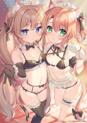 Rule 34 | 2girls, :o, ahoge, animal ear fluff, animal ears, apron, arm up, bare shoulders, bikini, black bikini, black bow, black bowtie, black bra, black gloves, black panties, black sleeves, black thighhighs, blue eyes, blush, bow, bow panties, bowtie, bra, breasts, brown hair, cat ears, cat girl, cat tail, closed mouth, collar, commentary request, detached collar, detached sleeves, elbow gloves, feet out of frame, frilled apron, frilled bikini, frilled thighhighs, frills, gloves, green eyes, hand up, highres, indoors, leg up, long hair, looking at viewer, low twintails, maid, maid headdress, multiple girls, natsuki marina, navel, original, panties, parted lips, paw pose, puffy short sleeves, puffy sleeves, ribbon, short sleeves, small breasts, smile, standing, standing on one leg, swimsuit, tail, tail bow, tail ornament, thighhighs, thighs, twintails, two side up, underwear, underwear only, very long hair, waist apron, white apron, white collar, white gloves, wing collar