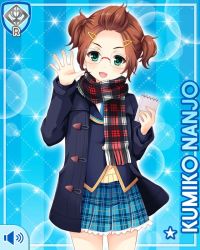 Rule 34 | 1girl, blue background, blue jacket, blue necktie, brown hair, card, character name, girlfriend (kari), glasses, green eyes, hair ornament, hairclip, jacket, looking at viewer, nanjo kumiko, necktie, official art, open hand, open mouth, paper, pen, plaid, plaid skirt, qp:flapper, scarf, school uniform, skirt, smile, solo, tagme, twintails, v-shaped eyebrows, vest, yellow vest