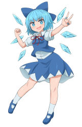 Rule 34 | 1girl, :d, blouse, blue eyes, blue hair, blue nails, bow, chups, cirno, dress, full body, hair bow, highres, ice, ice wings, looking at viewer, mary janes, nail polish, neck ribbon, open mouth, puffy sleeves, red ribbon, ribbon, shirt, shoes, short hair, short sleeves, smile, solo, standing, touhou, v, white background, white shirt, wings