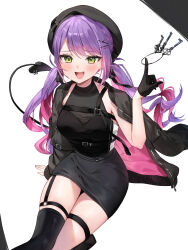 Rule 34 | 1girl, absurdres, alternate costume, alternate hairstyle, arm support, black coat, black dress, black gloves, coat, coat partially removed, colored inner hair, commentary request, dress, gloves, green eyes, highres, hololive, index finger raised, key, long hair, looking at viewer, low twintails, multicolored hair, open mouth, pink hair, purple hair, runlan 0329, short dress, simple background, single glove, sitting, smile, solo, tokoyami towa, twintails, virtual youtuber, white background