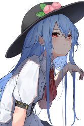 Rule 34 | 1girl, black hat, blue hair, blush, buttons, center frills, closed mouth, collared shirt, commentary, frills, fruit hat ornament, hair between eyes, hat, hat ornament, highres, hinanawi tenshi, long hair, peach hat ornament, pocche-ex, red eyes, shirt, short sleeves, simple background, smile, solo, touhou, upper body, white background, white shirt