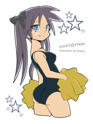 Rule 34 | 00s, ass, black one-piece swimsuit, blue eyes, cheerleader, hiiragi kagami, long hair, lucky star, one-piece swimsuit, pom pom (cheerleading), purple hair, school swimsuit, shing (sorairo factory), solo, swimsuit, twintails