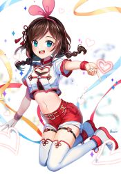 Rule 34 | 1girl, :d, aged down, artist name, blue eyes, blush, bracelet, breasts, brown hair, cleavage, cleavage cutout, clothing cutout, crop top, full body, hairband, heart, heart cutout, index finger raised, jewelry, kizuna ai, kizuna ai inc., long hair, looking at viewer, medium breasts, midriff, navel, open mouth, outstretched arm, pink hairband, posom, red shorts, shirt, short shorts, short sleeves, shorts, smile, solo, stomach, swept bangs, thigh strap, thighhighs, virtual youtuber, white shirt, white thighhighs, zettai ryouiki