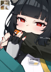 1girl animal_ear_fluff animal_ears biting black_necktie blunt_bangs dress_shirt fingerless_gloves fox_ears fox_girl gloves holding_another&#039;s_arm hoshimi_miyabi light_blush long_sleeves name_tag necktie photo_inset red_eyes red_nails shirt sidelocks signature single_fingerless_glove twitter_username xsan_vanny zenless_zone_zero