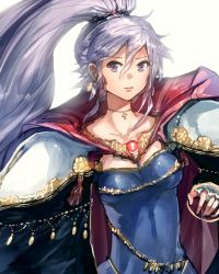 Rule 34 | 1girl, advarcher, blue dress, breasts, cape, cleavage, collarbone, cross, cross necklace, dress, earrings, fingerless gloves, fire emblem, fire emblem: genealogy of the holy war, fire emblem heroes, gem, gloves, high ponytail, ishtar (fire emblem), jewelry, medium breasts, necklace, nintendo, ponytail, purple eyes, purple hair, solo, upper body