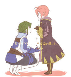 Rule 34 | 1boy, 1girl, ahoge, alternate eye color, armor, black gloves, boots, brother and sister, colored skin, crying, crying with eyes open, earrings, english text, faulds, fingerless gloves, fire emblem, fire emblem awakening, flower, gloves, green hair, haruno (toddy), hood, hooded jacket, inigo (fire emblem), jacket, jewelry, leg armor, long sleeves, morgan (female) (fire emblem), morgan (fire emblem), nintendo, pink hair, profile, puffy sleeves, shadow, short hair, siblings, simple background, smile, squatting, tears, white background, white skin, wide sleeves