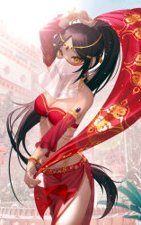 Rule 34 | 1girl, absurdres, bandeau, belly dancing, black hair, bracelet, breasts, circlet, commentary request, dancer, detached sleeves, earrings, gem, highres, jewelry, long hair, looking at viewer, medium breasts, mouth veil, necklace, original, ponytail, ppiya, revealing clothes, see-through, shawl, solo, strapless, veil, very long hair, yellow eyes