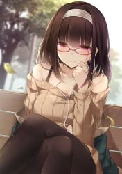 Rule 34 | 1girl, bare shoulders, beige sweater, bench, bespectacled, black hair, black pantyhose, blurry, blurry background, blush, bra strap, breasts, cleavage, collarbone, commentary request, crossed legs, dutch angle, earbuds, earphones, earrings, feet out of frame, glasses, grey hairband, hair between eyes, hairband, half-closed eyes, hand up, highres, idolmaster, idolmaster cinderella girls, jacket, jewelry, large breasts, leaf, long hair, long sleeves, looking at viewer, mole, mole under eye, off-shoulder, off-shoulder sweater, off shoulder, outdoors, pantyhose, pink eyes, red-framed eyewear, ribbed sweater, sagisawa fumika, sitting, solo, sweater, thighs, toyosaki shu, tree