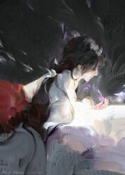 Rule 34 | 1girl, bellflower, bestdaimt, black hair, braid, chinese bellflower, closed mouth, flower, from side, highres, inuyasha, japanese clothes, kikyou (inuyasha), kimono, long hair, long sleeves, realistic, red skirt, signature, skirt, solo, white kimono