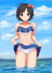 Rule 34 | 1girl, abs, absurdres, antenna hair, bikini, black eyes, black hair, blue bikini, blue skirt, blue sky, blush, bow, breasts, cleavage, closed mouth, clothes lift, cloud, cloudy sky, collarbone, commentary, cowboy shot, day, frilled bikini, frills, hair bow, highres, horizon, idolmaster, idolmaster (classic), kikuchi makoto, lifted by self, looking at viewer, navel, ocean, outdoors, partially submerged, popoko, red bow, short hair, skirt, skirt lift, sky, small breasts, smile, solo, standing, straight-on, swimsuit, tomboy, toned, two-tone bikini, wading, water, white bikini