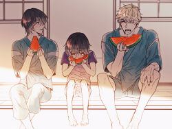 Rule 34 | 3boys, barefoot, black hair, blonde hair, blue shorts, blush, child, commentary request, eating, family, father and son, food, fruit, full body, grey eyes, highres, holding, holding food, holding fruit, looking at another, multiple boys, one eye closed, open mouth, red eyes, sakiyama youji, shironuma tetsuo, shirt, shorts, sitting, sketch, summer, sunlight, sweet pool, t-shirt, watermelon, watermelon slice, yaguchi4322, yellow eyes