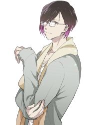 Rule 34 | 1103torenia, 1boy, beige scarf, bishounen, brown hair, bustafellows, glasses, gradient hair, helvetica (bustafellows), looking at viewer, male focus, multicolored hair, pink hair, simple background, solo, white background, yellow eyes
