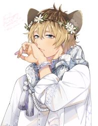 Rule 34 | 1boy, animal ears, blonde hair, blue eyes, blush, bracelet, brown hair, con potata, embarrassed, embroidery, fingernails, flower, flower wreath, grey scarf, hair between eyes, hand to own mouth, hand up, head wreath, highres, jewelry, lion ears, long sleeves, looking at viewer, male focus, multicolored hair, print scarf, ruggie bucchi, scarf, shirt, signature, simple background, sleeves rolled up, solo, sweat, tassel, twisted wonderland, two-tone hair, upper body, white background, white flower, white shirt