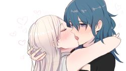 Rule 34 | 2girls, arm around neck, bare arms, black shirt, blue eyes, blue hair, blush, byleth (female) (fire emblem), byleth (fire emblem), closed eyes, edelgard von hresvelg, fire emblem, fire emblem: three houses, french kiss, hair down, hand in another&#039;s hair, heart, kiss, long hair, looking at another, multiple girls, nintendo, open mouth, portrait, ribbed sweater, shirt, sketch, sleeveless, sleeveless sweater, straight hair, sweater, tongue, tongue out, white background, white hair, white sweater, yukiyanagi raki, yuri