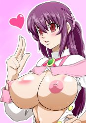 Rule 34 | 1girl, battle spirits, breasts, breasts out, dress, female focus, gradient background, hair ornament, heart, hokuto (tokuho), huge breasts, lips, long hair, nipples, no bra, open clothes, open dress, perky breasts, ponytail, puffy nipples, purple hair, red eyes, shinomiya mai, solo, standing, upper body