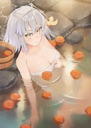 Rule 34 | &gt;:(, 1girl, ahoge, arm support, bare arms, bare shoulders, blush, breasts, brown eyes, cleavage, closed mouth, collarbone, commentary request, fate/grand order, fate (series), food, frown, fruit, hair between eyes, hayashi kewi, jeanne d&#039;arc (fate), jeanne d&#039;arc alter (avenger) (fate), jeanne d&#039;arc alter (fate), large breasts, looking at viewer, mandarin orange, naked towel, onsen, partially submerged, solo, towel, towel on head, v-shaped eyebrows, water
