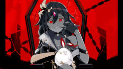 Rule 34 | 1girl, absurdres, animal, bird, black gloves, black hair, chicken, china dress, chinese clothes, dress, fingerless gloves, fu hua, fu hua (herrscher of sentience), gloves, grin, hair between eyes, hair ornament, highres, holding, holding animal, honkai (series), honkai impact 3rd, king (vocaloid), long hair, looking at viewer, open mouth, red background, red eyes, single sleeve, smile, solo, teeth, throne, vocaloid, xiachujin