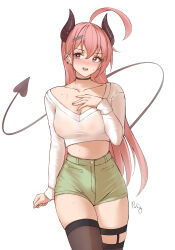 Rule 34 | 1girl, absurdres, black choker, blush, breasts, brown thighhighs, choker, cleavage, collarbone, covered erect nipples, cowboy shot, crop top, demon girl, demon horns, demon tail, ear piercing, green shorts, hand on own chest, high-waist shorts, highres, horns, long hair, long sleeves, looking at viewer, medium breasts, midriff, original, parfait desu, parfy (parfait ehmy), piercing, pink hair, see-through, shirt, short shorts, shorts, simple background, solo, standing, tail, tail raised, thighhighs, thighs, white background, white shirt