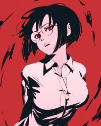 Rule 34 | 1girl, arms behind back, blunt ends, bob cut, collared shirt, commentary, dress shirt, durarara!!, eyelashes, glasses, high contrast, looking at viewer, loose hair strand, moshimoshibe, parted lips, red background, red eyes, rimless eyewear, romaji commentary, round eyewear, shirt, short hair, sonohara anri, teeth, turning head, upper body, upper teeth only, white shirt