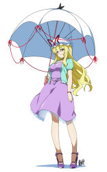 Rule 34 | 1girl, alternate costume, bare legs, belt, blonde hair, blush, breasts, cleavage, contemporary, dress, female focus, full body, hat, hat ribbon, high heels, hyouju issei, lace, lace-trimmed dress, lace trim, large breasts, long hair, looking at viewer, purple eyes, ribbon, shoes, simple background, smile, solo, touhou, umbrella, white background, yakumo yukari