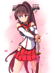Rule 34 | 10s, 1girl, a9b (louis814), alternate legwear, blush, breasts, brown hair, cherry blossoms, detached sleeves, flower, hair flower, hair ornament, highres, kantai collection, katana, long hair, looking at viewer, ponytail, purple eyes, sheath, sheathed, skirt, smile, solo, sword, very long hair, weapon, yamato (kancolle)