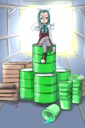 Rule 34 | 1girl, blue hair, blush, boots, box, bucket, closed mouth, cross-laced footwear, crossed legs, dress, drum (container), forehead, gradient hair, grey pantyhose, hair ribbon, highres, kantai collection, lace-up boots, long hair, long sleeves, mocchi (mocchichani), multicolored hair, pantyhose, purple dress, ribbon, shirt, sitting, solo, suzunami (kancolle), white shirt, wooden box