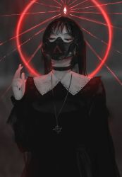 Rule 34 | 1girl, absurdres, aoi ogata, artist name, black choker, black dress, black hair, black mask, black nails, blood, bloody tears, choker, closed eyes, cross, dark background, dress, facing viewer, glowing, grey background, hand up, highres, inverted cross, jewelry, light, long hair, long sleeves, nail polish, necklace, nun, original, pale skin, pendant, religion, respirator, solo, traditional nun, twintails, upper body