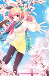 Rule 34 | 1girl, animal ears, brown eyes, cherry blossoms, dress, female focus, fingernails, highres, long hair, nature, original, outdoors, outstretched arm, outstretched hand, pantyhose, petals, pink hair, plaid, plaid scarf, rabbit ears, reaching, scarf, sheska xue, sky, solo, torii