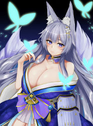 Rule 34 | absurdres, animal ear fluff, animal ears, azur lane, blue butterfly, blue collar, blue kimono, breasts, bug, butterfly, collar, collarbone, cowboy shot, fox ears, fox girl, hair between eyes, highres, insect, japanese clothes, kimono, kitsune, kyuubi, large tail, long hair, long sleeves, looking at viewer, multiple tails, night, off shoulder, ojisan f, shinano (azur lane), silver hair, skirt under kimono, tail, white tail, wide sleeves, wrist flower