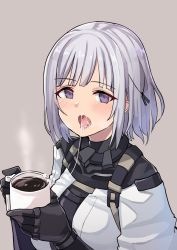 Rule 34 | 1girl, black ribbon, blush, coffee, coffee mug, cup, girls&#039; frontline, gloves, hair ribbon, highres, holding, holding cup, jacket, justeeeeth, mug, open mouth, purple eyes, ribbon, rpk-16 (girls&#039; frontline), short hair, silver hair, simple background, solo, suggestive fluid, white jacket