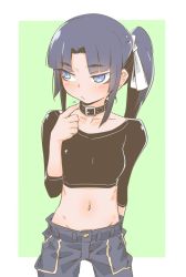 Rule 34 | 1girl, blue eyes, blue hair, blush, breasts, character request, closed mouth, collar, collarbone, eyebrows, female focus, groin, hair ribbon, half-closed eyes, leash, long hair, long sleeves, looking away, midriff, navel, parted bangs, pointing, pointing at self, ponytail, raigou, ribbon, side ponytail, sidelocks, simple background, solo, standing